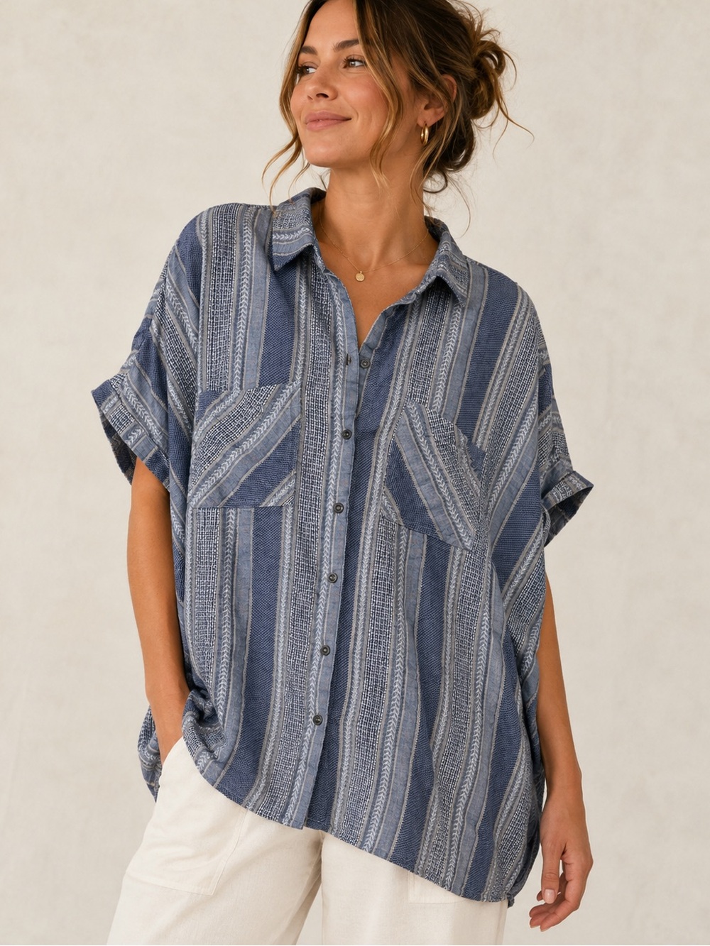 Natural Reflections boho-style women's short-sleeve button-down shirt